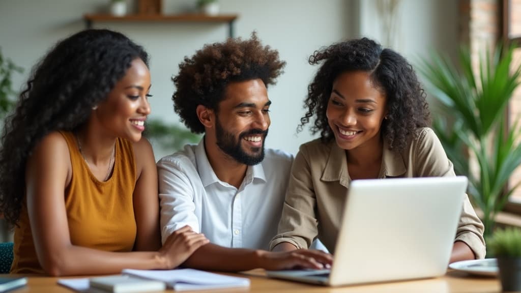 A small South African team working together around a laptop in a bright office, showing people and AI tools working side by side.