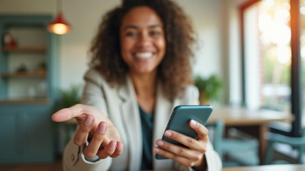 A person holding a smartphone showing a friendly chat with a business assistant, relaxed and pleased, in a bright setting.