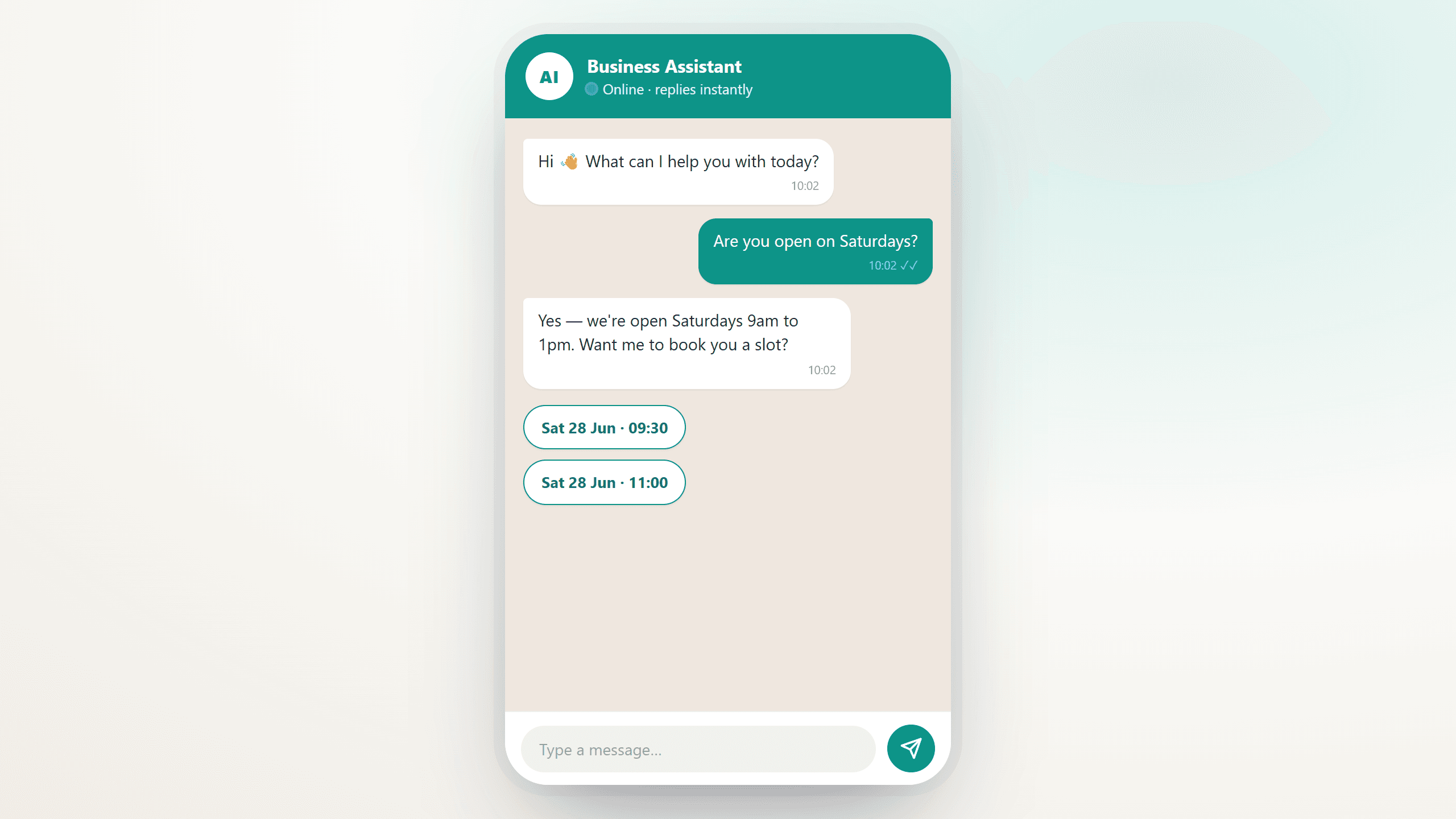 A business assistant answering a customer's question and offering an available appointment time inside the chat.