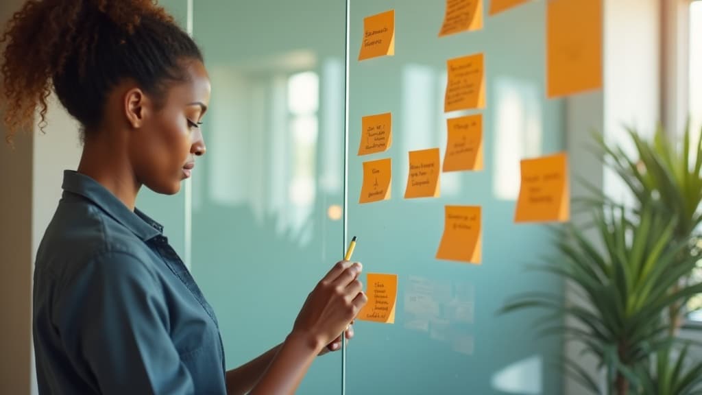 A person arranging task cards on a glass wall to choose what to automate first, in a bright modern office.