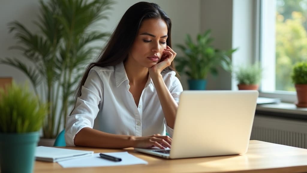 A business owner at a desk thoughtfully weighing two options on a laptop, deciding between off-the-shelf software and a custom-built tool.