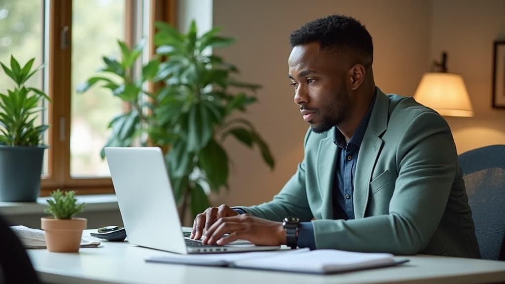 A South African small business owner reviewing figures on a laptop at a tidy, plant-filled office desk while weighing up the cost of a custom app.