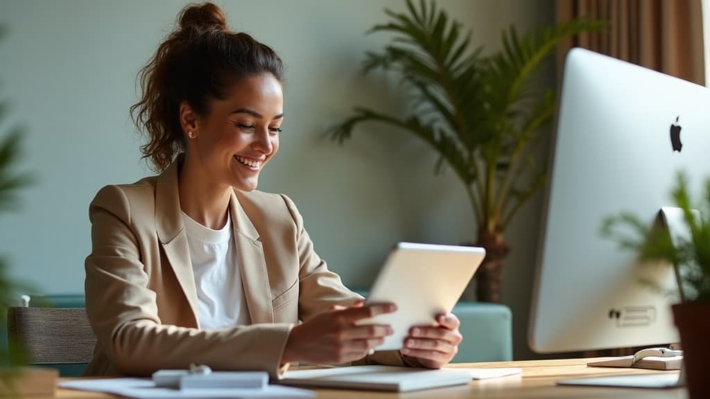 A small business owner smiling at a tablet showing a simple, clean dashboard in a bright office, the everyday reality of AI handling routine work.