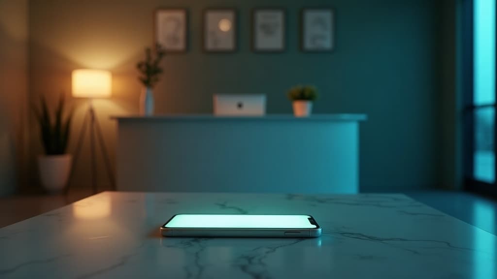 Smartphone on a clinic reception desk at night showing an unanswered patient enquiry message, symbolising missed after-hours bookings.