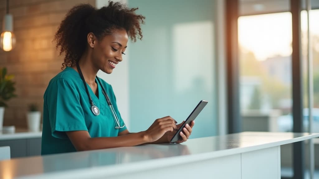 A busy aesthetic clinic reception desk with a tablet showing an AI chat assistant and a human receptionist working alongside each other.