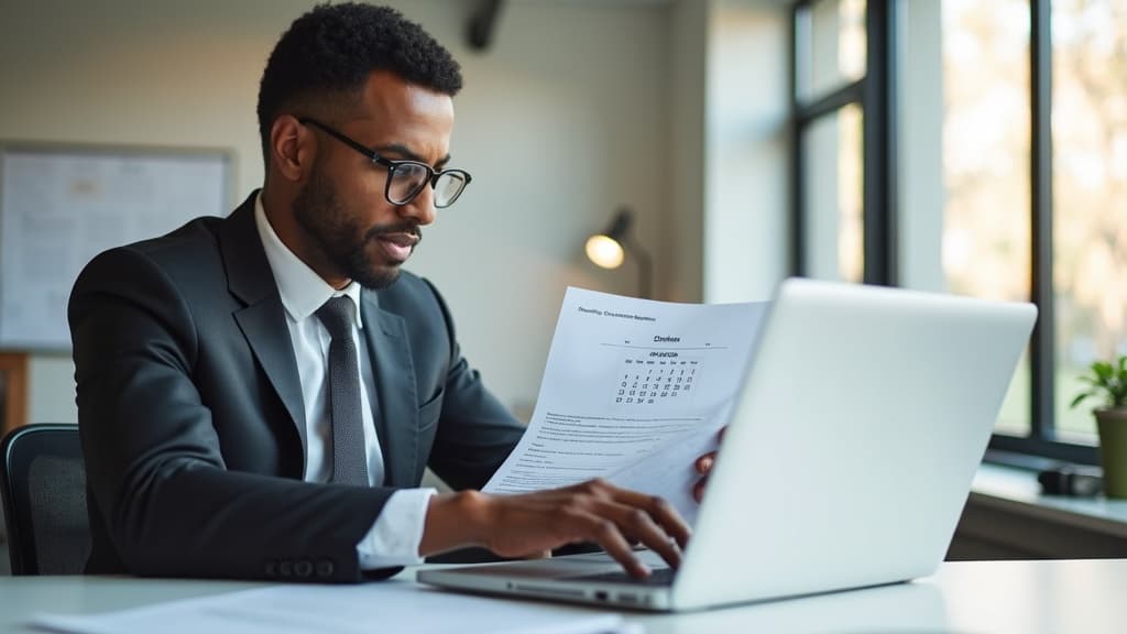 Finance professional reviewing a stack of supplier and service contracts at a desk with a calendar showing upcoming renewal deadlines, representing the manual effort of contract tracking in South African businesses.