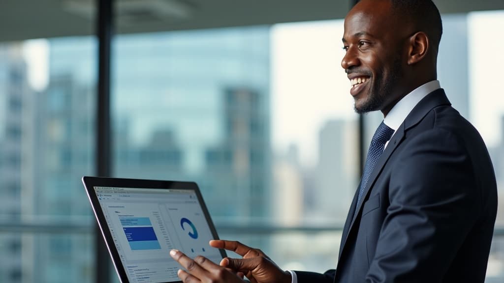South African finance manager working at a laptop late at night assembling a month-end management pack from multiple spreadsheets and accounting system reports.