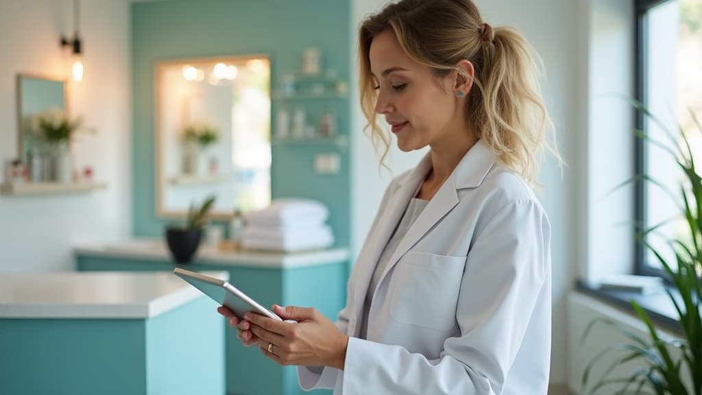 Clinic receptionist reviewing a fully booked appointment calendar on a desktop computer, with a smartphone showing an automated booking confirmation from an AI assistant.