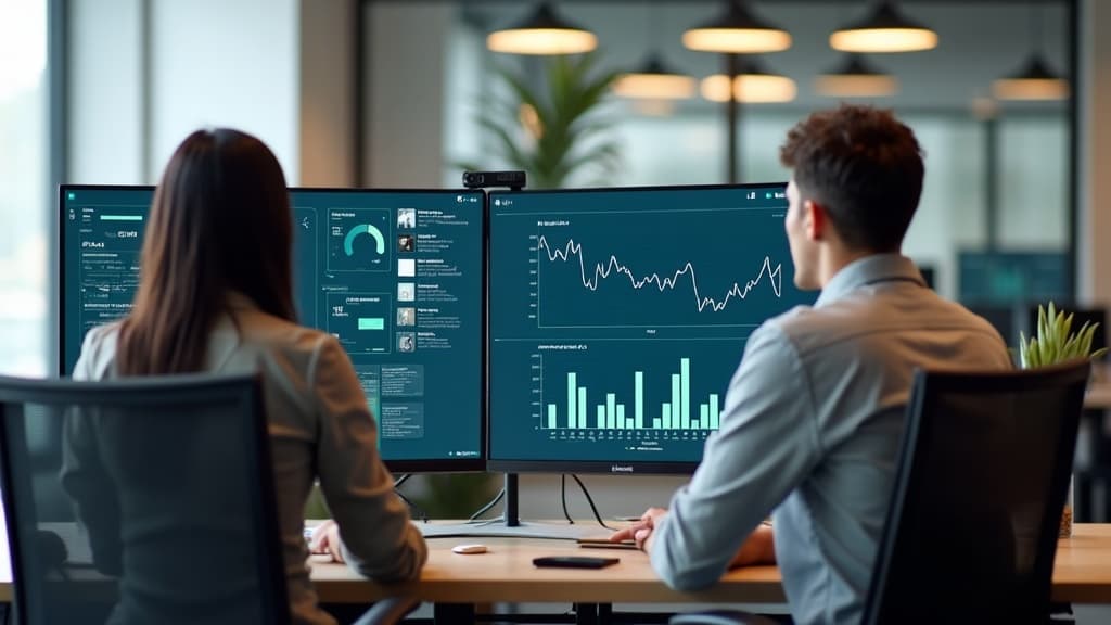 A South African digital marketing agency team reviewing campaign analytics on a large monitor, showing Google Ads and social media performance dashboards in a modern Johannesburg office.