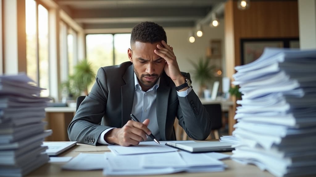 A South African finance professional at a desk surrounded by paper invoices and spreadsheets, representing the hidden cost of manual invoice processing.