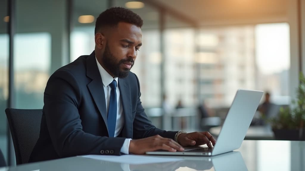 South African finance manager reviewing an aged debtor report on a laptop, with a stack of overdue invoices on the desk beside her — representing the manual effort of debtor collections.