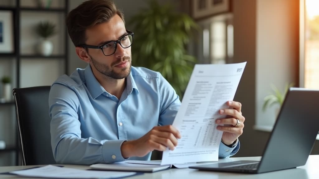 South African finance professional reviewing VAT reconciliation data on a laptop, with printed transaction reports on the desk.