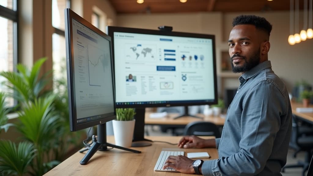 A South African small business owner sitting at a desk reviewing automated notifications on a laptop — enquiries captured, appointments booked, invoices sent, all without manual work.