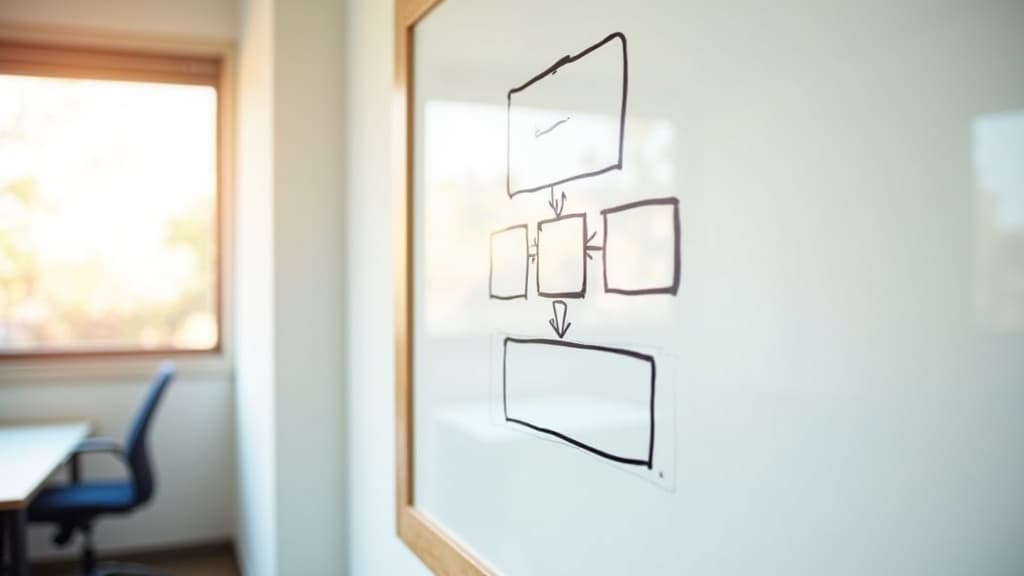 A simple whiteboard diagram showing a business process — enquiry arrives, automation replies and qualifies, appointment booked, confirmation sent — replacing a chain of manual steps.