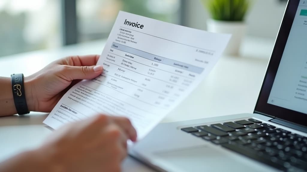 A South African finance professional typing invoice data from a printed PDF into an accounting system spreadsheet, illustrating the manual PDF data capture process.