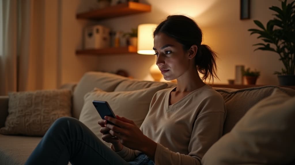 A woman relaxing on her sofa in the evening, messaging a skincare clinic from her phone — the kind of after-hours enquiry an AI chatbot answers instantly.