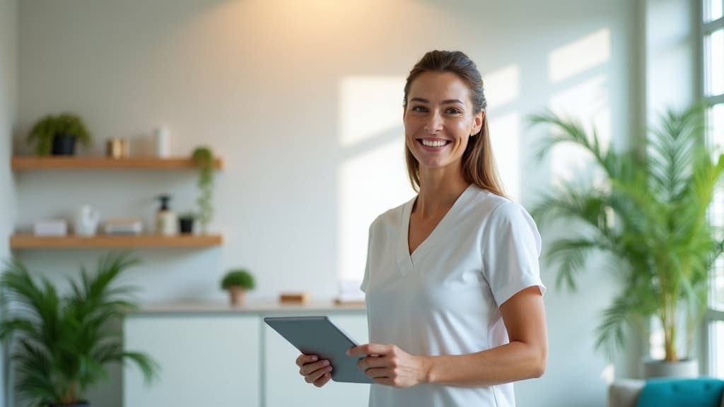 A confident clinic owner reviewing a full appointment calendar on a tablet in a bright modern clinic — the result of an AI chatbot turning website visitors into booked consultations.