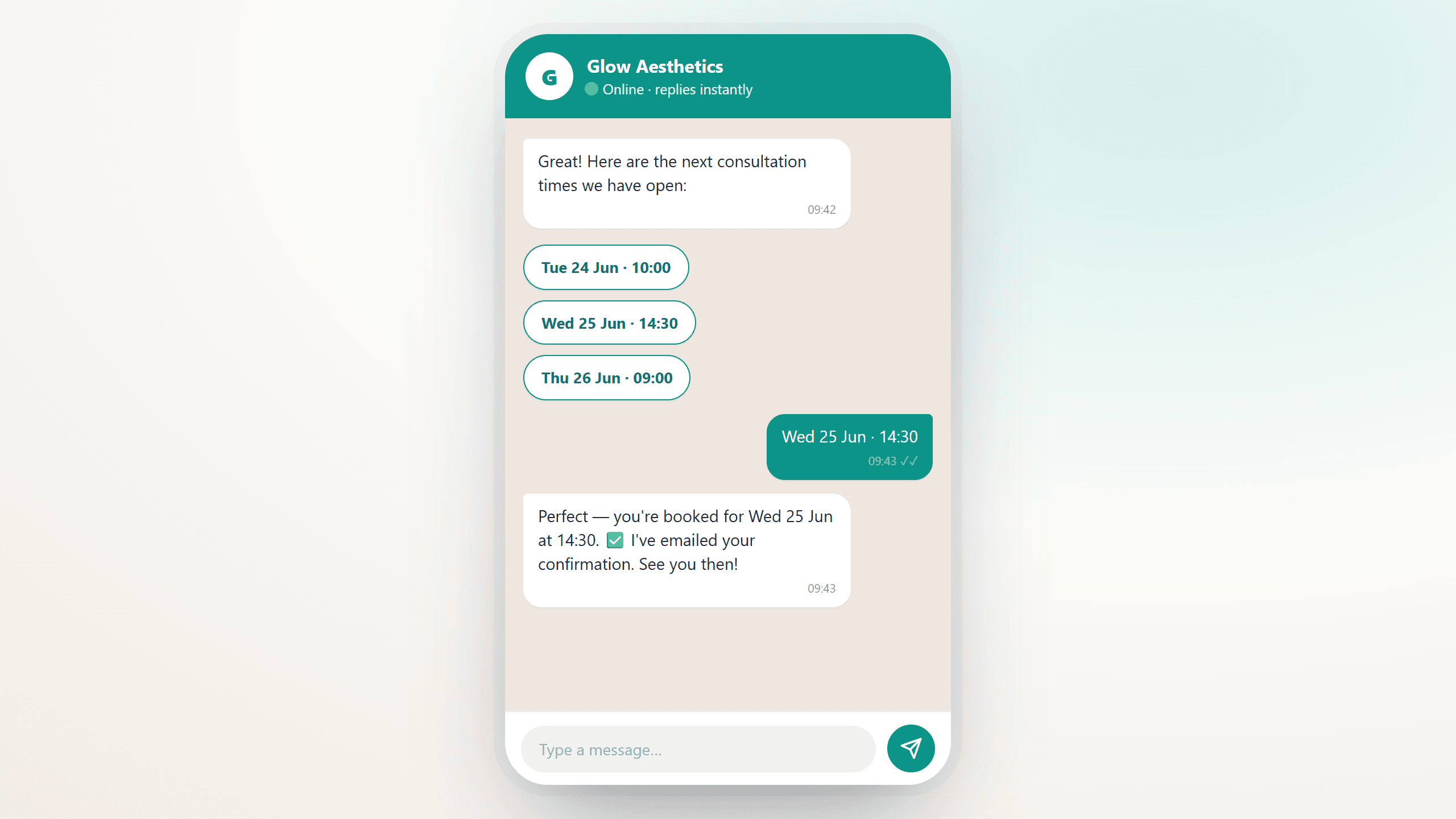 The AI assistant showing available appointment time slots as tappable buttons, then confirming a booking and emailing a confirmation inside the chat.