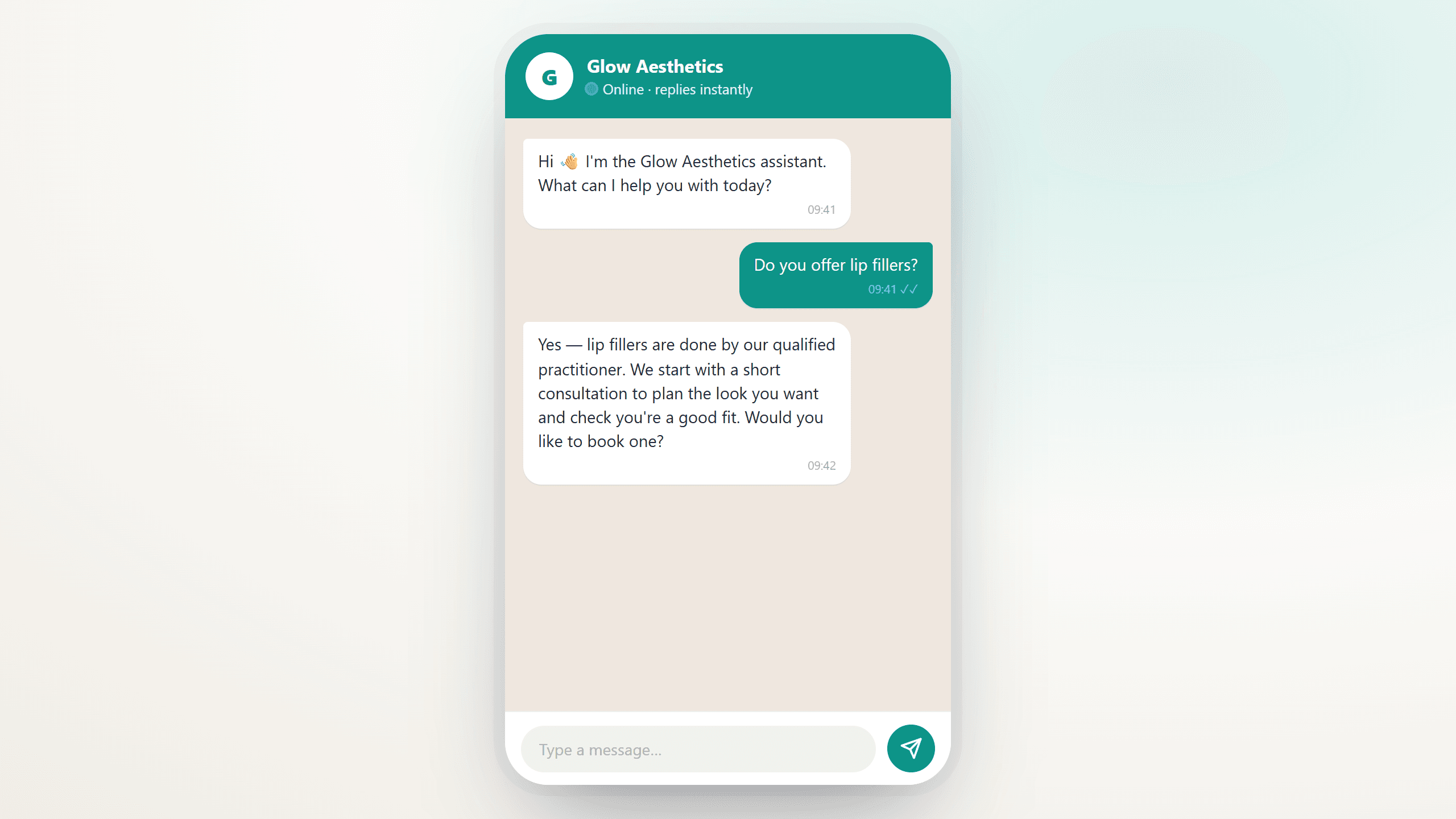 A WhatsApp-style AI chat widget on a clinic website answering a visitor's question about lip fillers and offering to book a consultation.