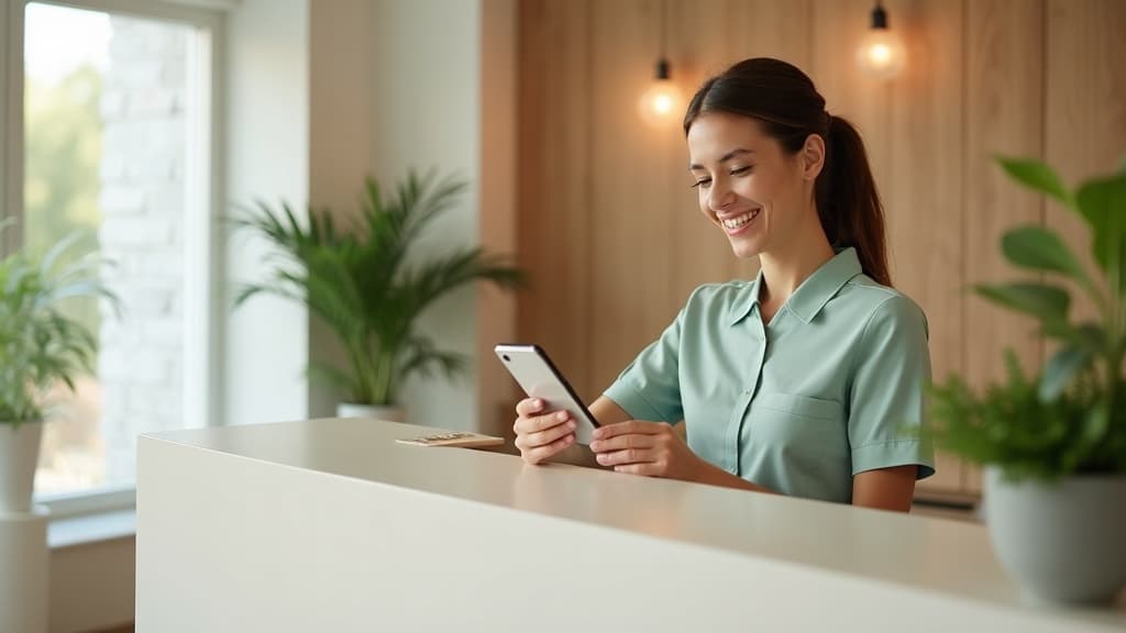 A clinic receptionist smiling at a smartphone showing a new appointment booking captured by an AI chatbot, in a bright modern aesthetic clinic reception.