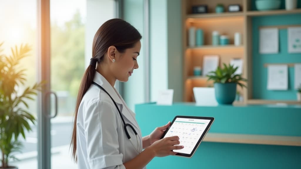 Empty aesthetic clinic treatment room with a tablet on the bed showing an unconfirmed appointment — the cost of a no-show.