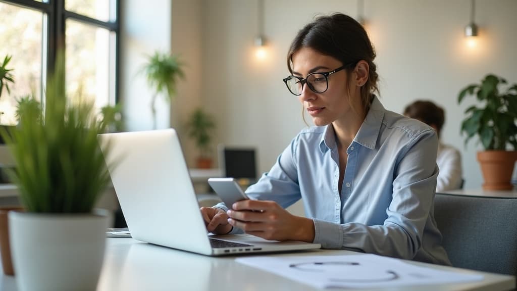 South African estate agent at a desk reviewing property leads arriving from Property24, WhatsApp and Facebook on multiple screens, illustrating the challenge of managing enquiries from fragmented sources.