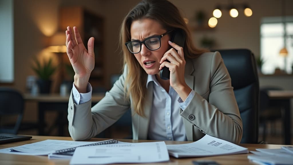 Finance team member at a desk surrounded by printed supplier invoices and an overflowing email inbox on screen — representing the manual creditor administration burden in South African mid-size businesses.