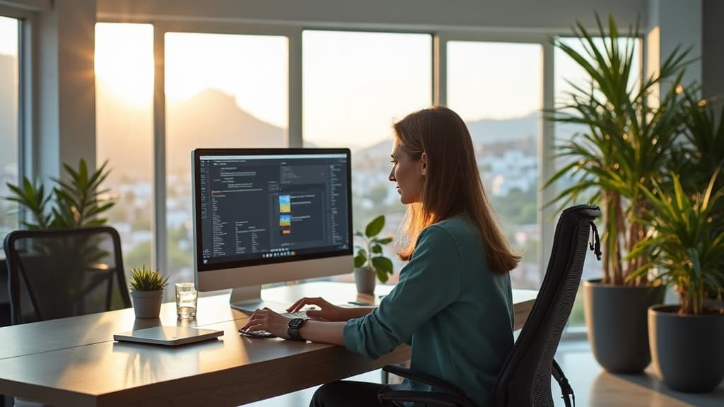 A modern web design studio in Gqeberha, Port Elizabeth — a professional working on a South African small business website on a large monitor, bright coastal light coming through the window.