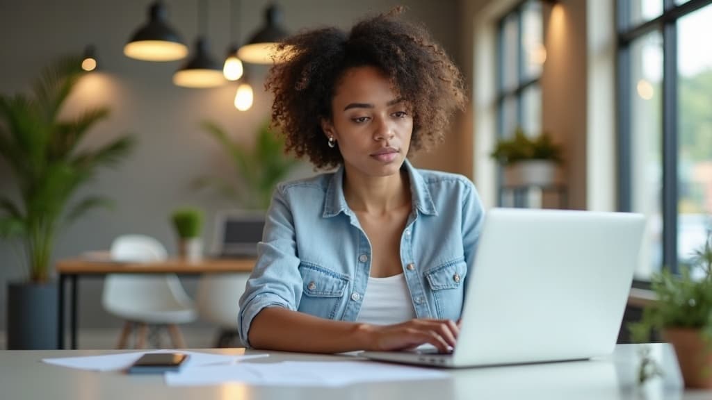 A South African business owner reviewing website quotes on a laptop at a modern office desk, comparing pricing options for their small business website.