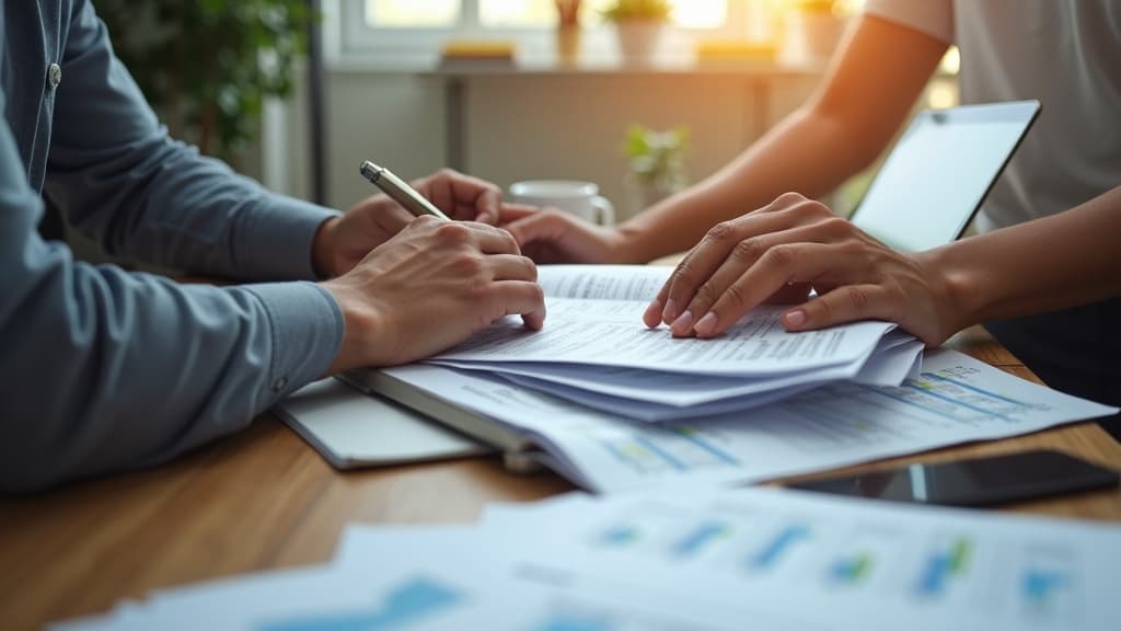 South African finance professional sitting at a desk surrounded by printed invoices and an open spreadsheet, manually keying data into an accounting system.
